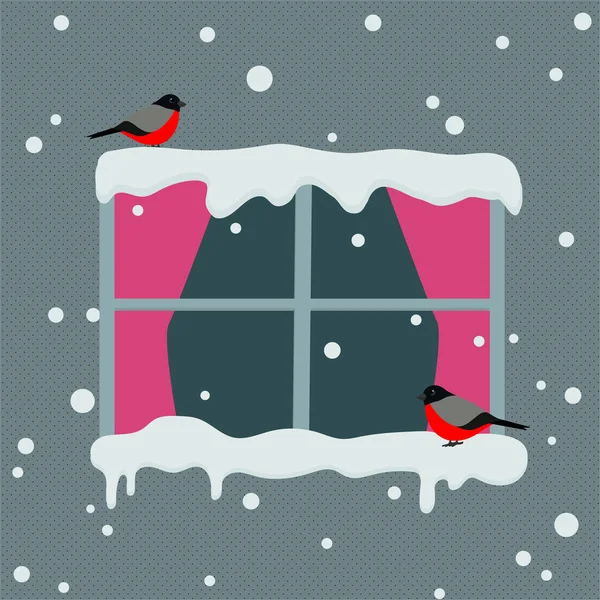 Fenêtre avec rideaux rouges par une journée enneigée. Chardonnerets assis sur la fenêtre Fond d'hiver. Illustration vectorielle . — Image vectorielle