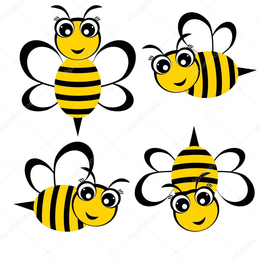 Bees. Set of funny little bees Cute cartoon characters Vector illustration.