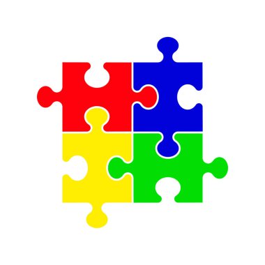 Bulmaca - vektör simgesi. Beyaz arka plan üzerinde dört renkli parça puzzle kümesi