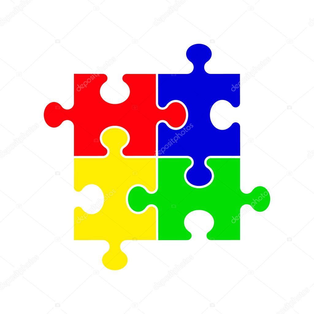Puzzle - Vector icon. Set of four colorful piece puzzle on white background