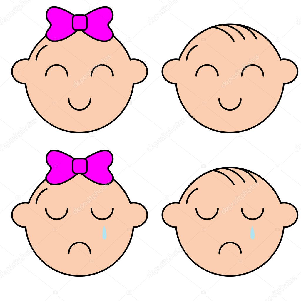 Kids icons set. baby girl and boy crying and laughing