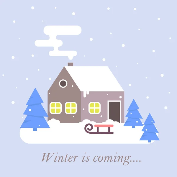 Çiftlik kış kırsal arka plan üzerinde yasaktır baca ile ev ile karlı sahne. Çizgi film kar ev manzara afiş şapkalı.