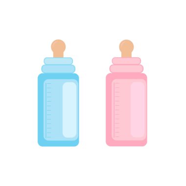 Bebek Şişeler vektörel çizimler. Beyaz bir arka plan üzerinde bebek şişeleri. Mavi ve pembe bebek besleme şişe.
