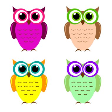 Dört şirin komik renkli baykuş izole kümesi