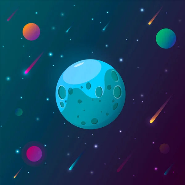 Espace et fond de la planète. Planètes surface avec des cratères, des étoiles et des comètes dans l'espace sombre. Illustration vectorielle — Image vectorielle