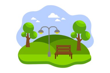 Şehir Parkı vektör çizim tezgah, ağaçlar, bitkiler düz tasarımı ile. Yeşil manzara. Açık hava etkinlikleri.