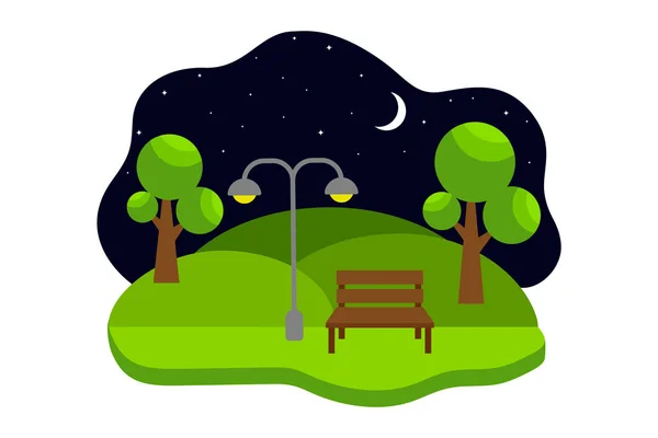 Paysage nocturne avec banc dans un parc de la ville. illustration vectorielle plate . — Image vectorielle