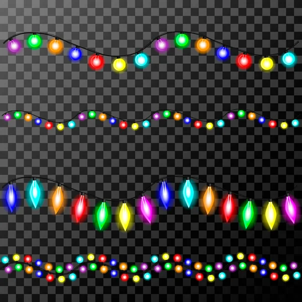 Χριστουγεννιάτικα φώτα που, χρωματιστές γιρλάντες, σχεδιασμός Πρωτοχρονιάς, εορταστικές διακοσμήσεις σε διαφανές φόντο. — Διανυσματικό Αρχείο