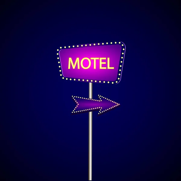 Motel neon teken plank met pijl. vector illustratie. — Stockvector