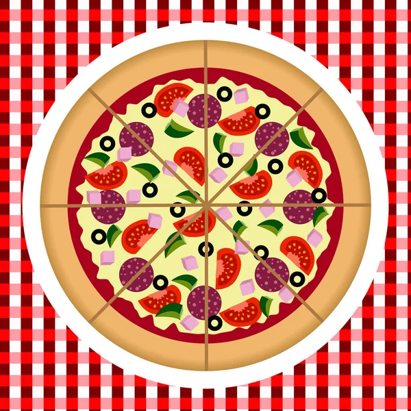 Whole sliced pepperoni or salami pizza with tomatoes, olives and cheese on a plate and checkered tablecloth. — Stock Vector