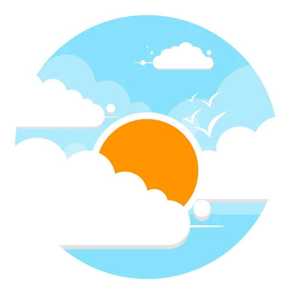Καθαρός γαλάζιος ουρανός με ήλιο, σύννεφα και ιπτάμενα πουλιά συννεφιασμένο φόντο τοπίου — Διανυσματικό Αρχείο