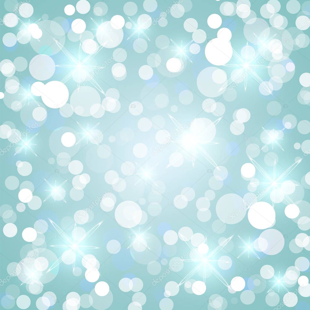 Beautiful blue background with bokeh lights, stars and sparkles. Vector illustration