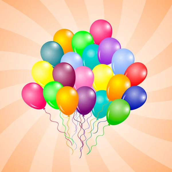 パーティーやお祝いのために飛んで誕生日風船の現実的なカラフルな束.多色ヘリウム風船 — ストックベクタ