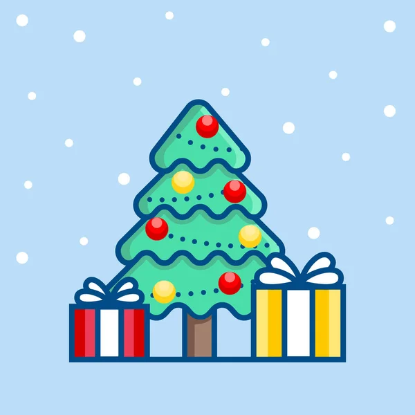 Χριστουγεννιάτικα διακοσμημένα κουτιά με δέντρα και δώρα. LL και αλυσίδα λαμπτήρων, κουτιά δώρων σε πολύχρωμα κινούμενα σχέδια επίπεδη στυλ. Καλά Χριστούγεννα και ευτυχισμένο το νέο έτος σχεδιασμού για ευχετήρια κάρτες. — Διανυσματικό Αρχείο