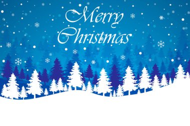 Mutlu Noeller Manzara. Kış soyut mavi arka plan. Noel ağacı, kar taneleri, kar deseni. Yeni yıl, mutlu sezon tasarım duvar kağıdı. Tatil vektör illüstrasyon. Vektör