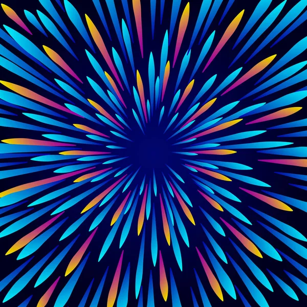 Radiale dynamische Linien strahlen farbenfroh auf dunklem Hintergrund. Vektorillustration. — Stockvektor