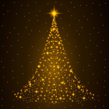 Noel ağacı kartı arka plan. Mutlu Yeni Yıl sembolü olarak Altın Noel ağacı, Mutlu Noeller tatil kutlaması. Altın yıldız dekorasyonu. Parlak parlak tasarım Vektör illüstrasyon