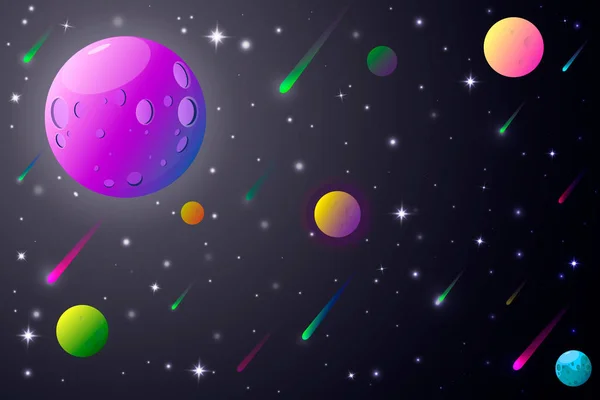 Fondo espacial. Galaxia con nebulosa, planeta y estrellas. Fondo futurista abstracto colorido. Polvo de estrellas y estrellas brillantes. Ilustración vectorial — Vector de stock