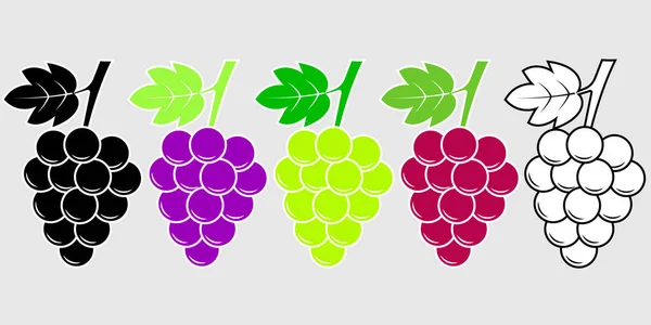 Conjunto de iconos de uva, versión en negro y color de diferentes tipos de uva. Ilustración del vector del símbolo del vino . — Vector de stock