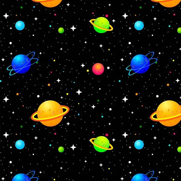 Space cartoon seamless background with planets and stars. Vector illustration. — Stock Vector