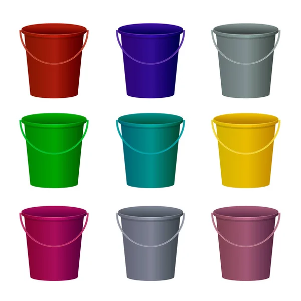 Empty buckets multicolored set isolated on white. Vector. — Stock Vector