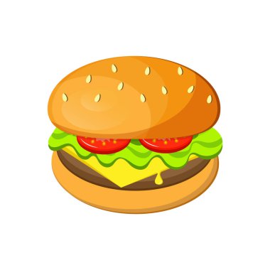 Hamburger, fast food, burger, beyaz üzerine izole edilmiş sandviç. Vektör illüstrasyonu.