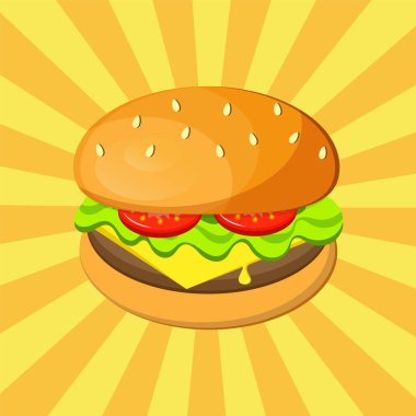 Hamburger fast food, burger, sarı çizgili arka planda izole edilmiş sandviç. Vektör illüstrasyonu