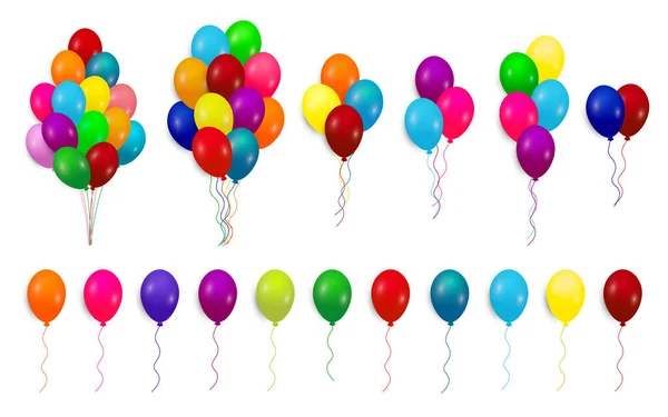 Helium ballonger färgglada set, högar och grupper isolerade på en vit bakgrund. Vektorillustration — Stock vektor