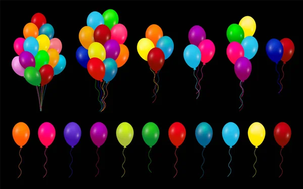 Globos Conjunto de racimos 3D, aislados sobre fondo negro. Decoraciones de fiesta para cumpleaños, aniversario, celebración. Ilustración vectorial — Vector de stock