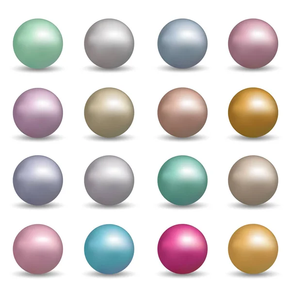 İnci gümüşü, pembe, altın, mavi ve mor 3 boyutlu küreler beyaz arka planda izole edilmiş. Vektör illüstrasyonu