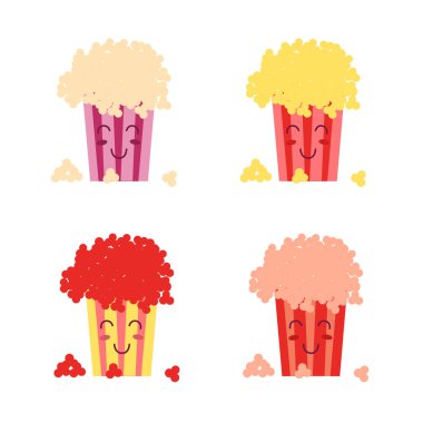 Sevimli Cawai pop corn Popcorn. Sinema atıştırmalığı. Vektör illüstrasyon karikatür karakter simgesi. Ayarlamak.