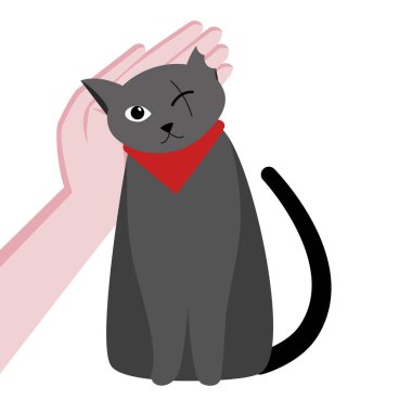 Tek gözlü sevimli kedi özürlü. Bir kediye bakmakta. El bir kediyi okşayarak. Vektör düz karikatür illüstrasyon. Beyaz arka planda