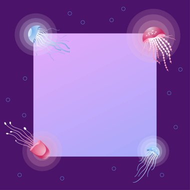 Parlayan çok renkli denizanası. Metin için yerleştirin. Mor arka plan