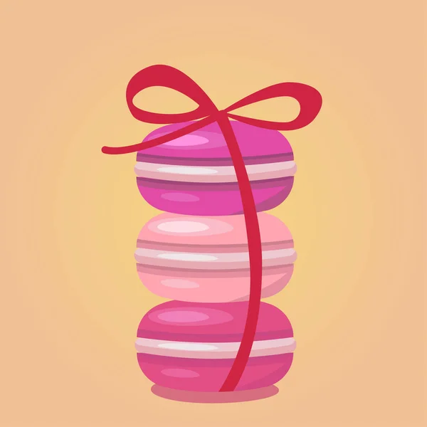 Colorful watercolor macaroons with red ribbon on pink background — Stock Vector