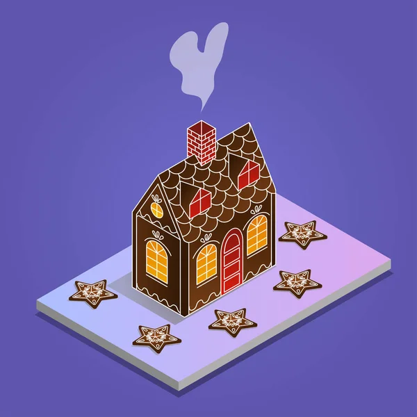 Gingerbread House Isometric. Pain d'épice sous la forme d'étoiles — Image vectorielle