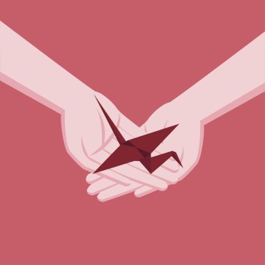 Origami izometrik kağıt kırmızı vinç eller. Hediye mesajı. Mutluluk diliyorum. Simge