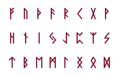 Eski Iskandinav Runes seti. Runik alfabesi, FUTHARK. Eski gizemli semboller. Vektör Illustration. Beyaz arka planda eski Alman mektupları