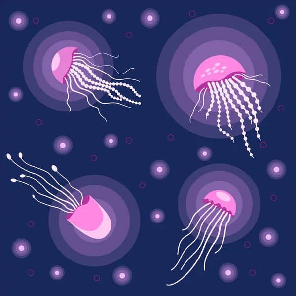 Glowing pink jellyfish. Sea jellyfish in the water. Cute bright vector jellyfish. Sea set. On blue background — Stock Vector