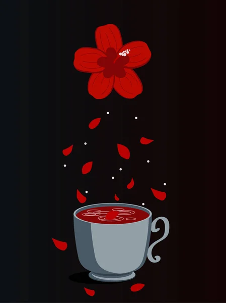 Τσάι ιβίσκου σε γυάλινο Κύπελλο με αποξηραμένους ιβίσκους και κόκκινο λουλούδι απομονώνεται σε λευκό φόντο. Απεικόνιση διανύσματος ποτού σε απλό στυλ κινουμένων σχεδίων. — Διανυσματικό Αρχείο