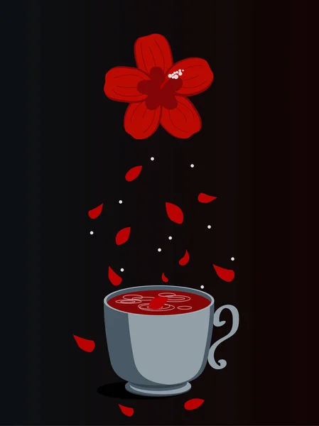 Teh kembang sepatu dalam cangkir kaca dengan kalsit hibiskus kering dan bunga merah terisolasi di latar belakang putih. Vektor ilustrasi minuman dalam gaya datar kartun sederhana . - Stok Vektor