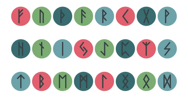Conjunto de runas nórdicas antiguas. Alfabeto rúnica, Futhark. Antiguos símbolos ocultos. Ilustración vectorial. Antiguas letras germánicas sobre un fondo blanco en color — Vector de stock