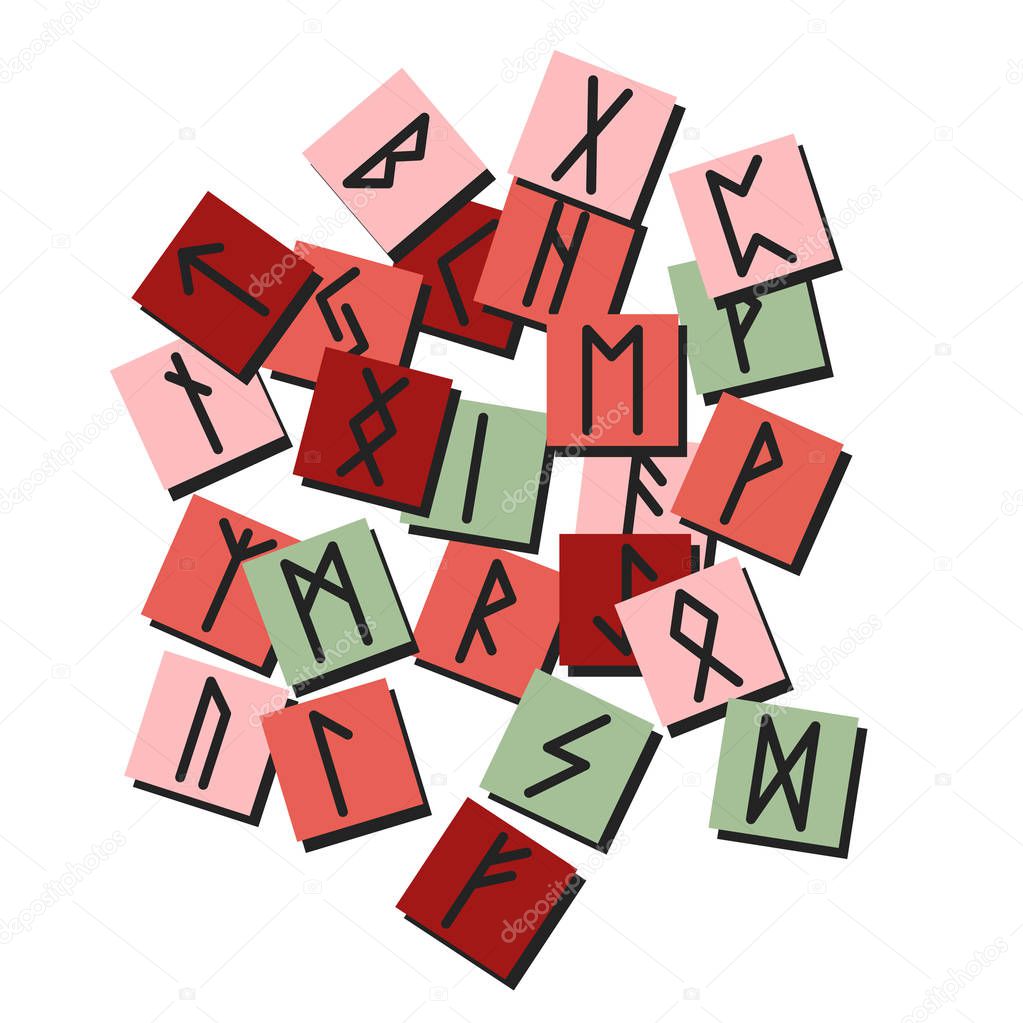 Set of ancient Norse runes. Runic alphabet, Futhark. Ancient occult symbols. Vector illustration. Old Germanic letters on a white background in color. Scattered on the table
