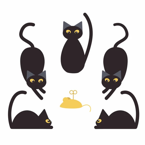 Gatos negros y ratón falso. Fondo blanco — Vector de stock