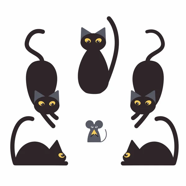 Los gatos negros y el ratón robaron queso. Fondo blanco — Archivo Imágenes Vectoriales