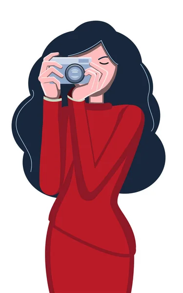 Φωτογράφος. Γυναίκα και φωτογραφική μηχανή. Κορίτσια το avatar. Πορτρέτο ενός επαγγελματία. Επίπεδη εικονογράφηση φορέα. Λευκό φόντο. Μελαχρινή κοπέλα με μακριά μαλλιά με κόκκινο χρώμα — Διανυσματικό Αρχείο