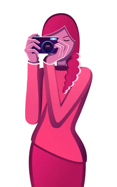 Φωτογράφος. Γυναίκα και φωτογραφική μηχανή. Avatar για τα κορίτσια. Πορτρέτο ενός επαγγελματία. Vector εικονογράφηση επίπεδη λευκό φόντο. Κορίτσι στο ροζ — Διανυσματικό Αρχείο