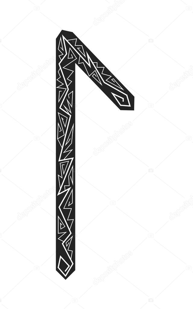 Laguz rune. Ancient Scandinavian runes. Runes senior futarka. Magic, ceremonies, religious symbols. Predictions and amulets. Ornament lightning. White background, black runes and white ornament