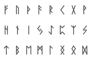 Eski Iskandinav Runes seti. Runik alfabesi, FUTHARK. Eski gizemli semboller. Vektör Illustration. Eski Germanik mektuplar.