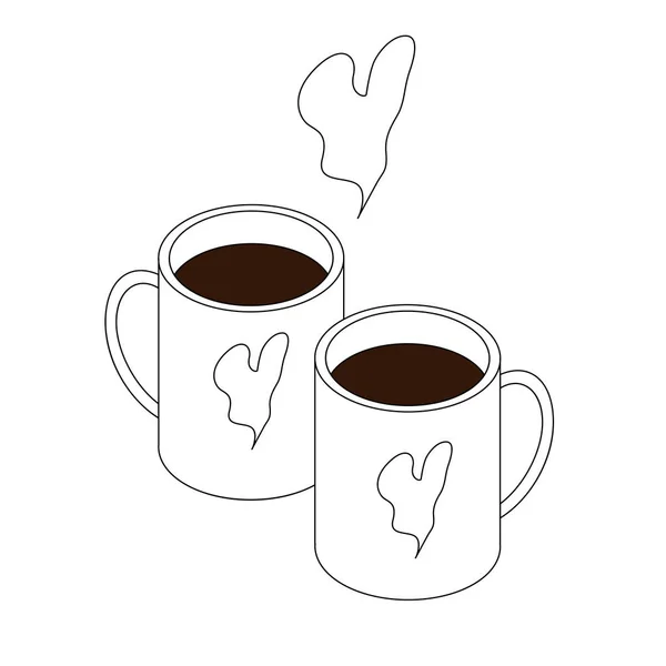Zwei Heißgetränke in Tassen. Isometrie und Linien. Logo für ein Café. Liebe und Herz. — Stockvektor