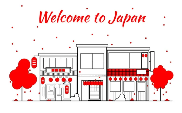 Japón esboza el horizonte. El casco antiguo, ir de compras por calles antiguas. Japón paisaje urbano, viaje japonés bandera vectorial de la ciudad. Silueta de ciudad. Sakura florece y cae deja pétalos. Barrio rojo . — Vector de stock